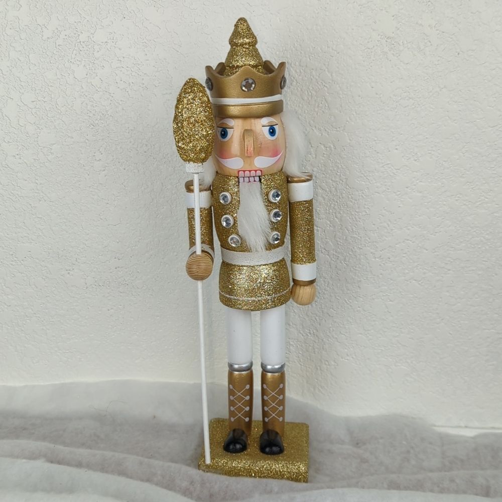 One 14" Tall Solid Wood Nutcracker King In Glittering Gold. (multiple available)